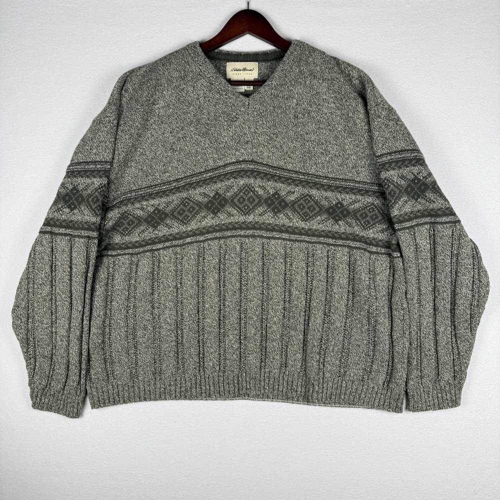 VTG Eddie Bauer Sweater Mens 2XL Grey Argyle Chunky Knit Grandpa V Neck Pullover